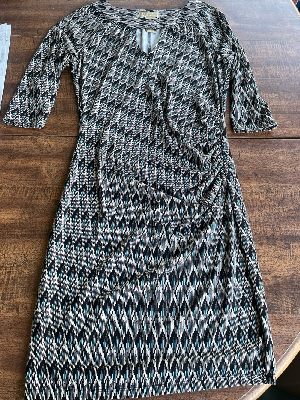 Miss Tina Knowles XS Ruched Sheath Dress Black Blue Brown Geometric 3/4 Sleeve